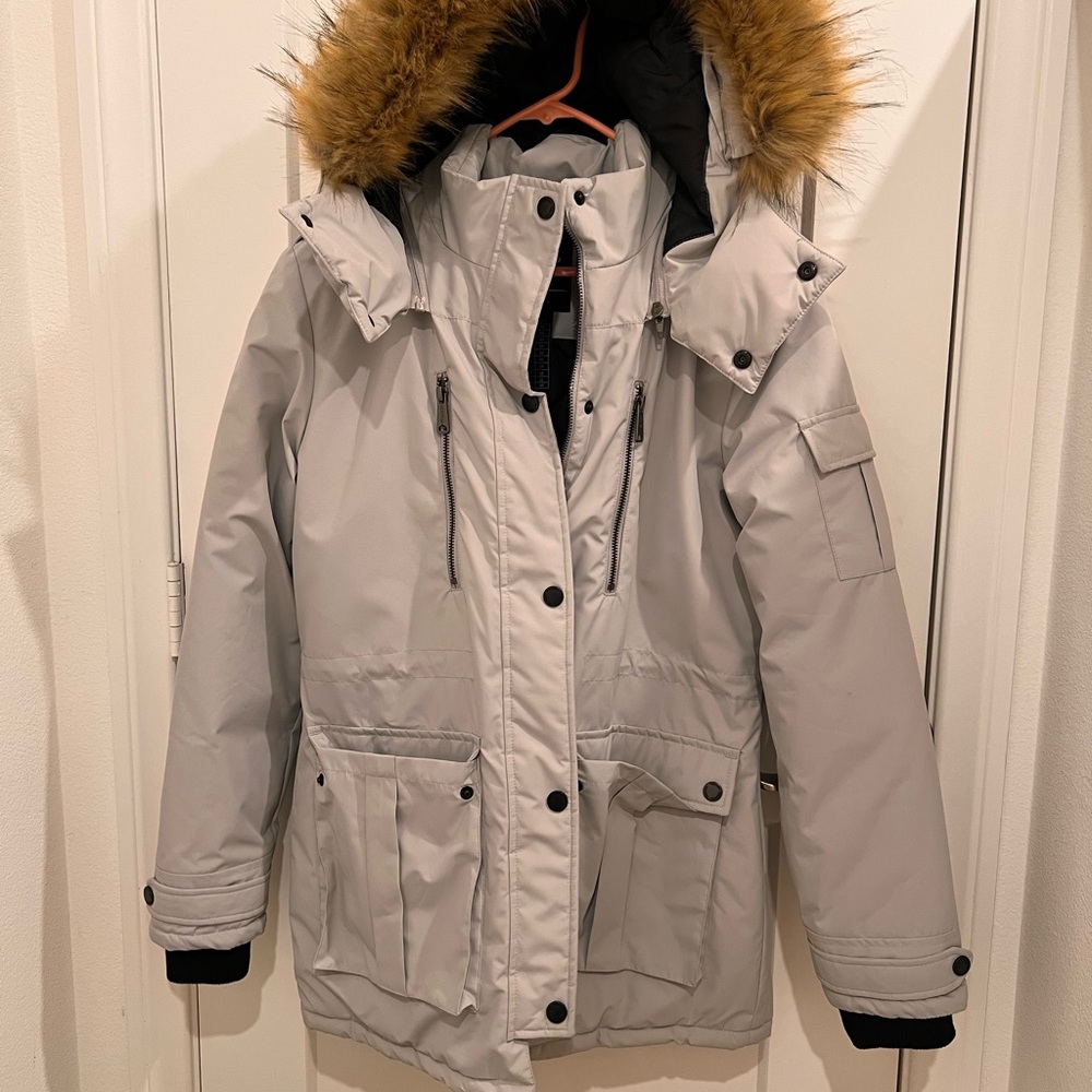Women's Gray Parka with Faux Fur Hood